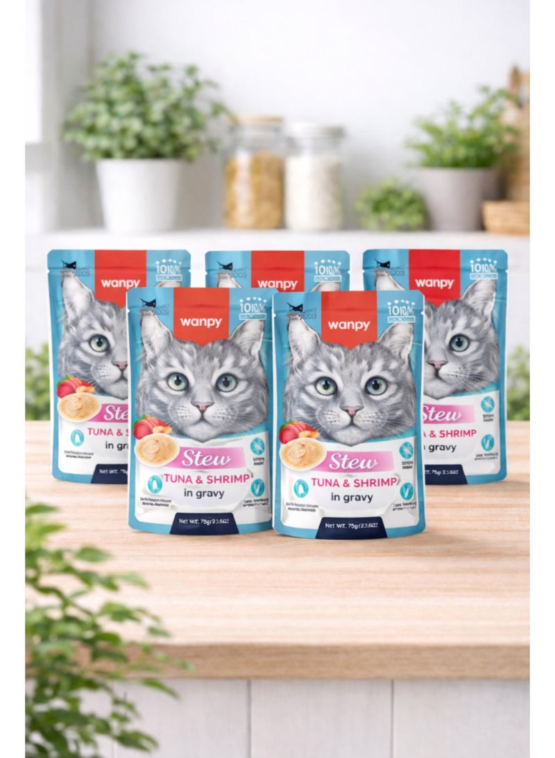 Adult Cat Food Stew – Tuna & Shrimp in Gravy – Grain-Free 100% Real Meat Pouch – With Taurine & Vitamins – 70 g (Pack of 5)